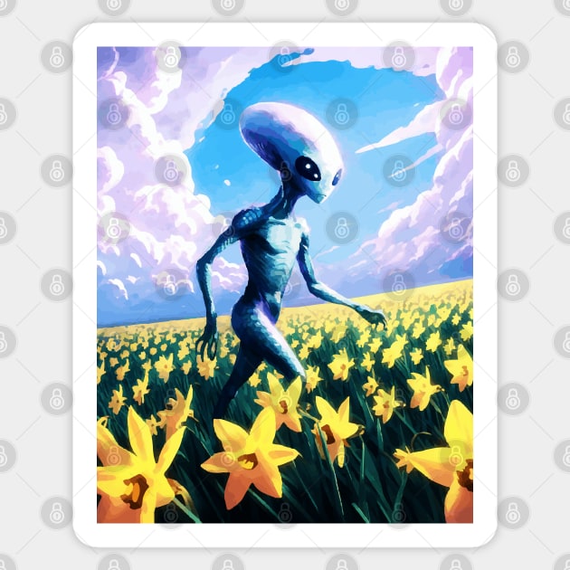 Alien walking through a vast field of yellow daffodils 4 Sticker by Megadorim